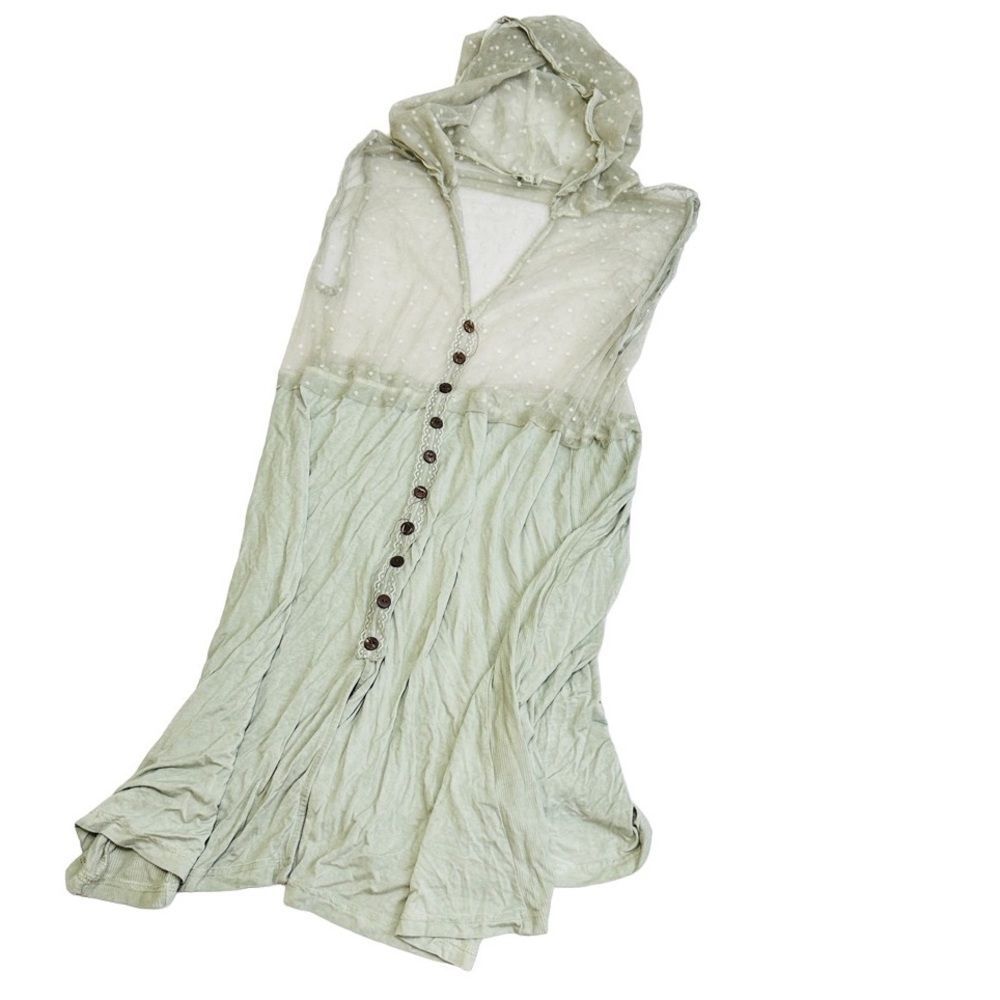 NWT lacy Mint green sleeveless sheer duster with hood and buttons